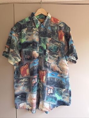 Title: 🖼️ Vintage U-MEN Landscape Art Collage Shirt - Men's Size 4 (L)